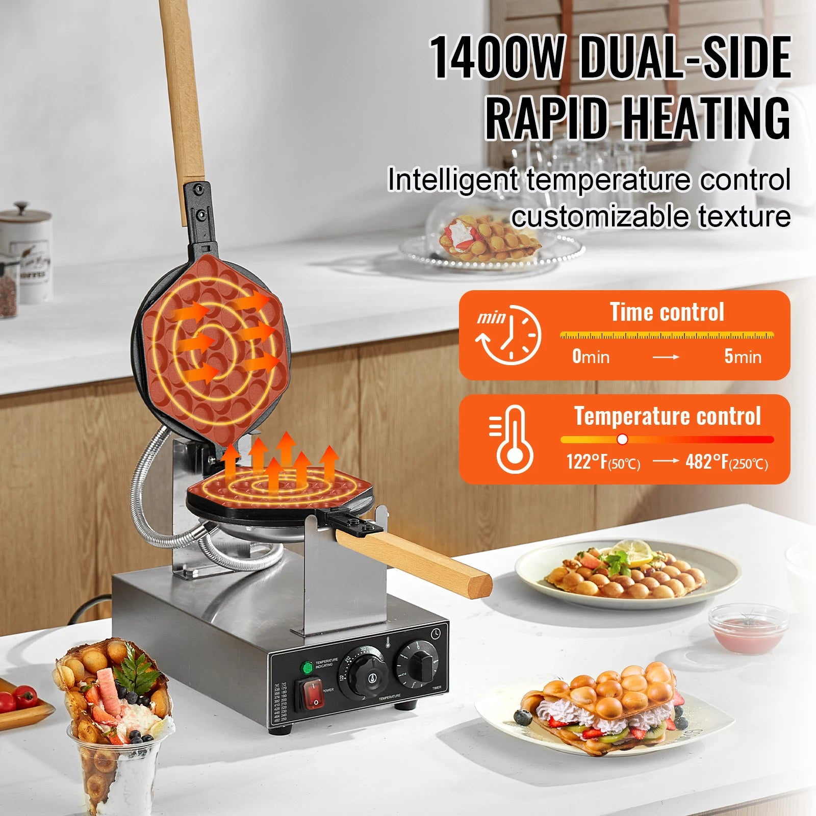 Gaufrier Bubble Waffle Électrique 1400 W en Inox – Plaque Rotative 180° et Minuterie