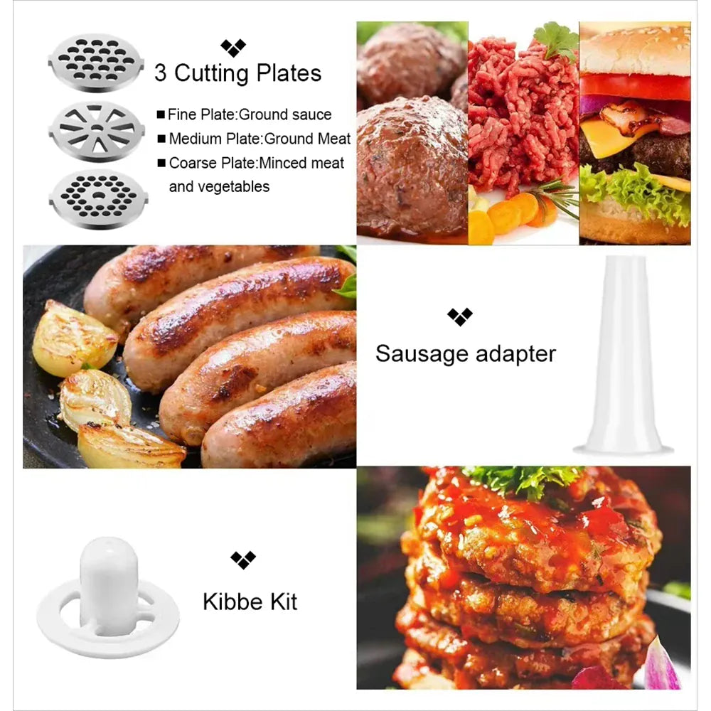 Hachoir Électrique 2800W Inox — 3 Grilles, Embout Saucisses et Kit Kibbe Inclus Hachoirs à Viande