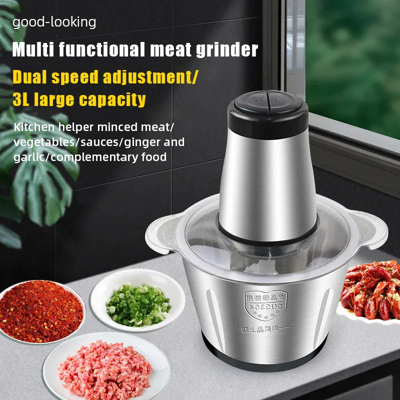 Hachoir Électrique Multifonction 3L Inox 304 — 300 W, 2 Vitesses, 4 Lames hachoir electrique