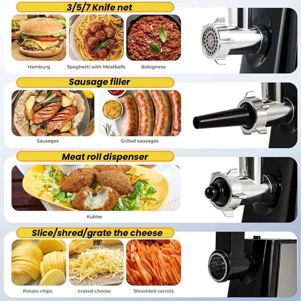 Hachoir Électrique Multifonction 1000 W — 3 Grilles, Farcisseur à Saucisses, 13 Accessoires Hachoirs à Viande