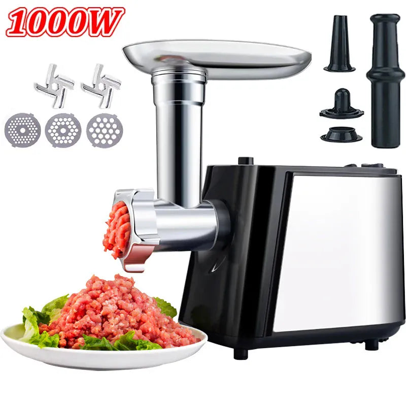 Hachoir Électrique Multifonction 1000 W — 3 Grilles, Farcisseur à Saucisses, 13 Accessoires Hachoirs à Viande