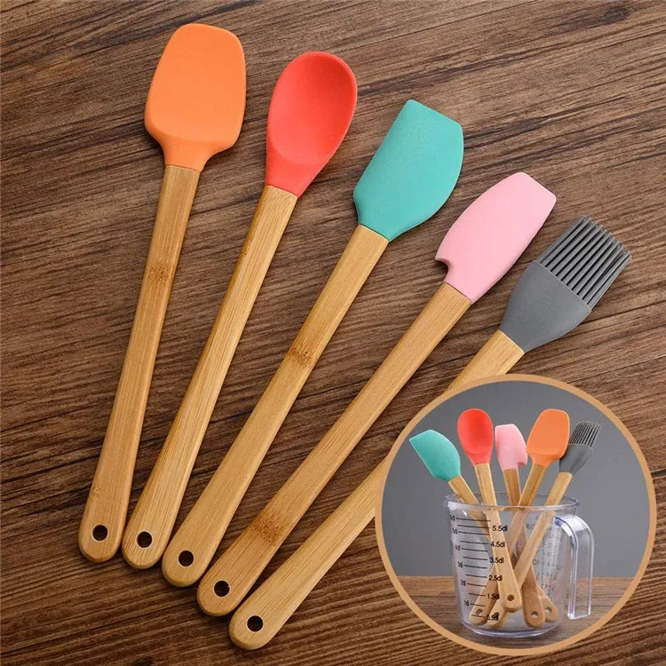 Set Spatules Silicone 5 pièces Résistantes à la Chaleur avec Manche en Bambou spatule en silicone