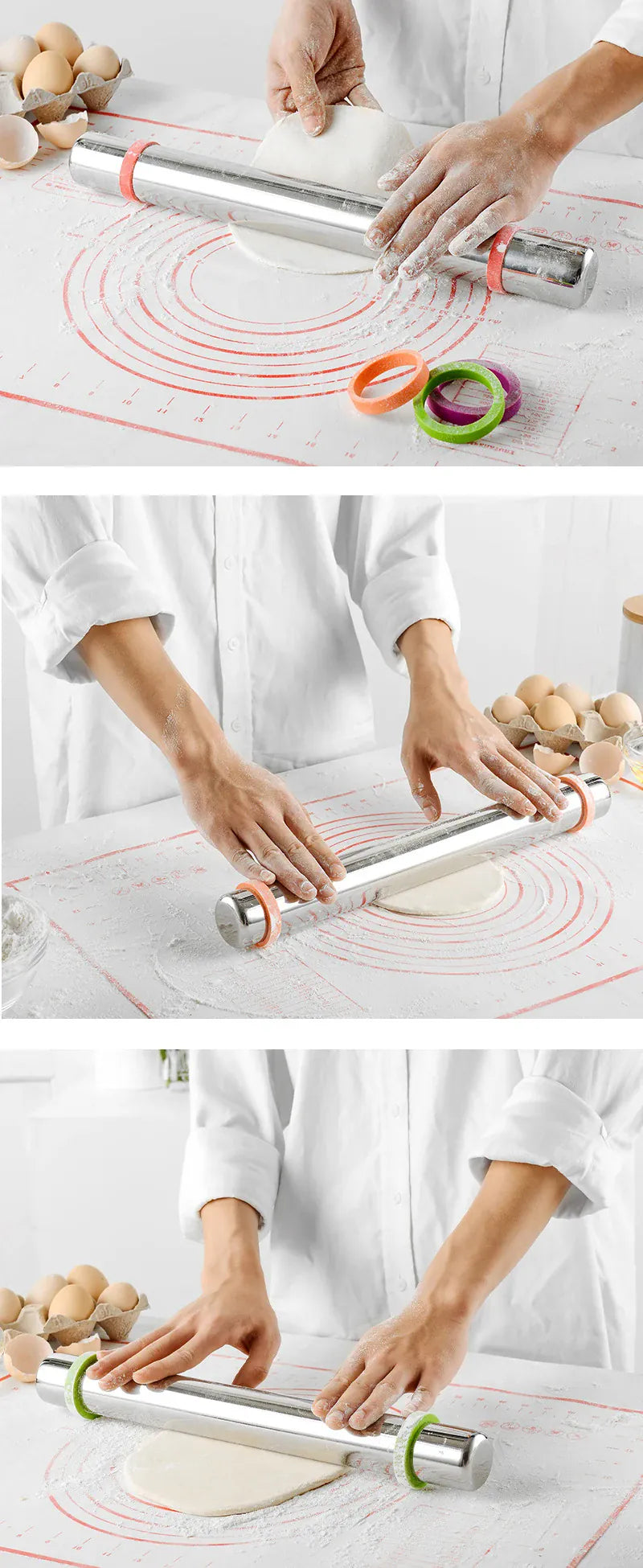 Rouleau à pâtisserie en acier inoxydable avec épaisseurs réglables et tapis en silicone rouleaupatisserie