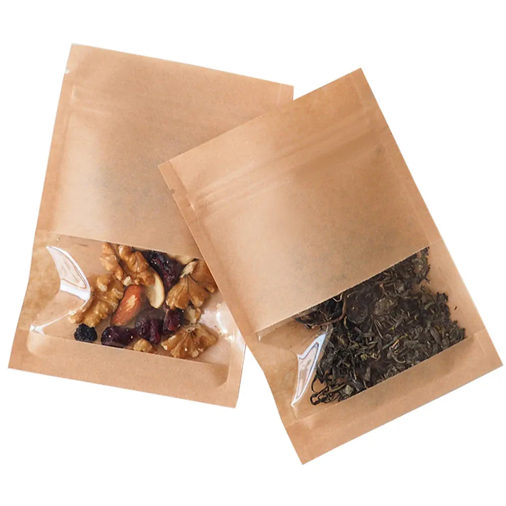 Sachets Kraft Zip avec Fenêtre - Lot de 100 Pièces Auto-Scellants