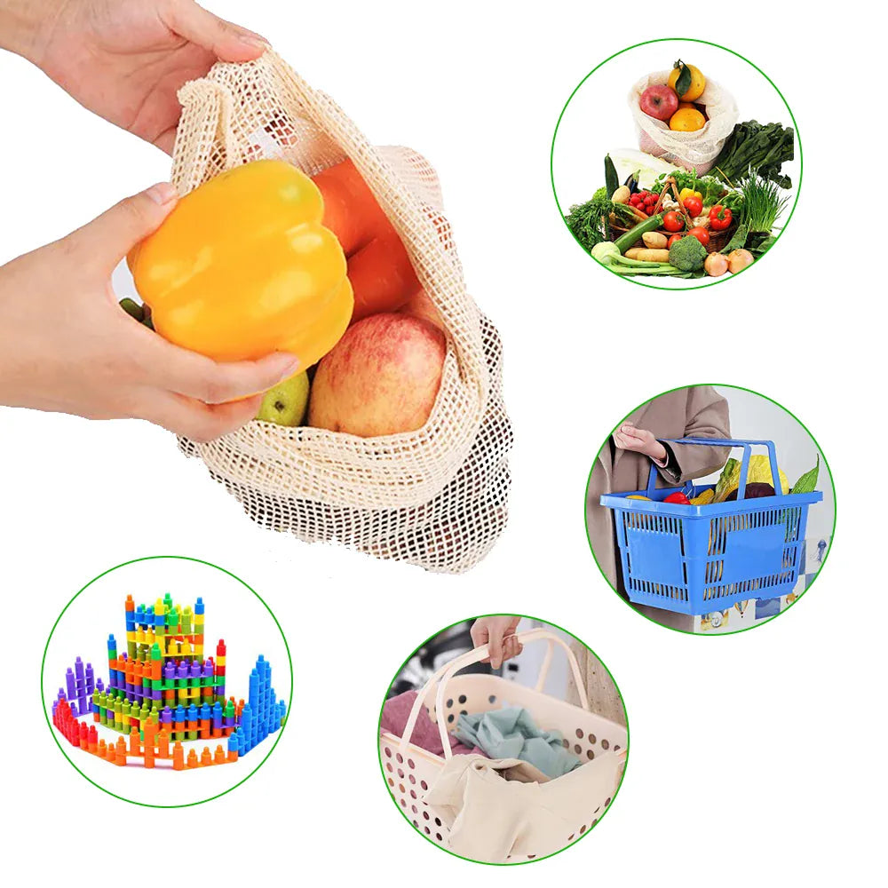 Sacs Filet en Coton Réutilisables - Lot de 5 Pièces Écologiques