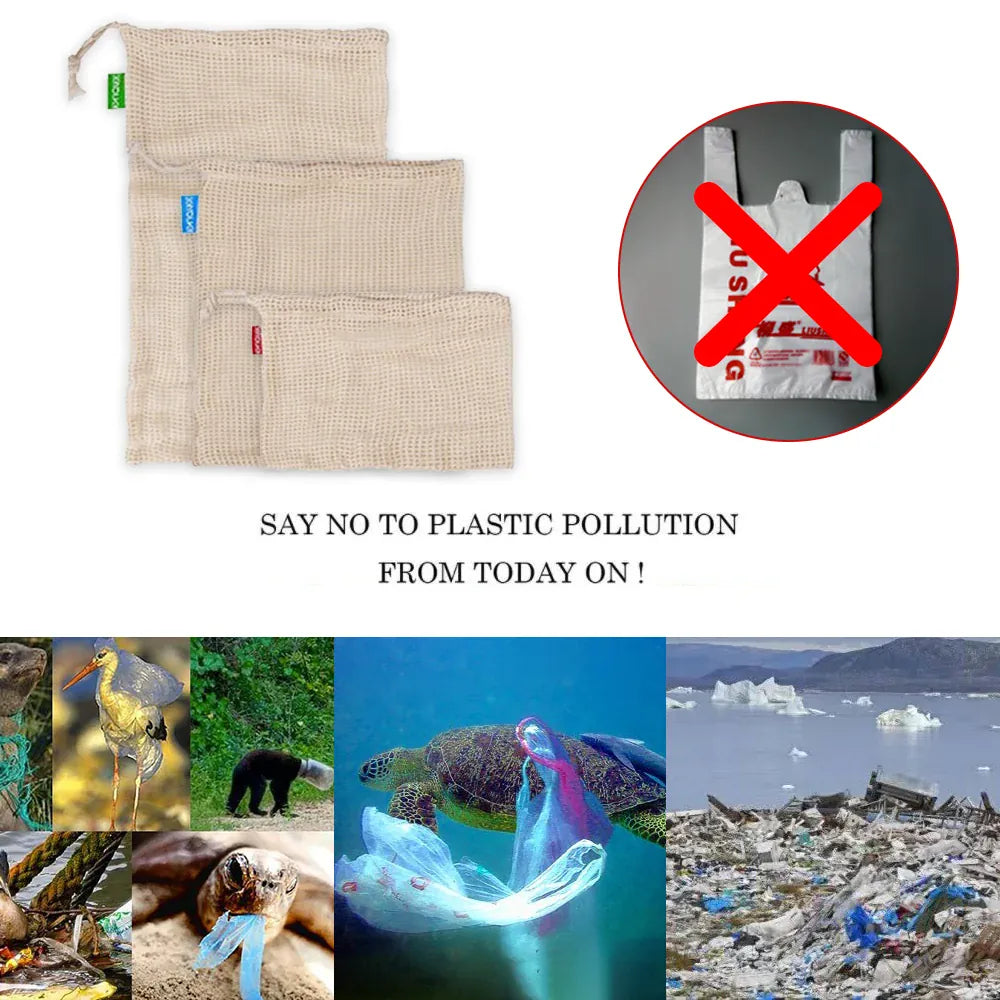 Sacs Filet en Coton Réutilisables - Lot de 5 Pièces Écologiques