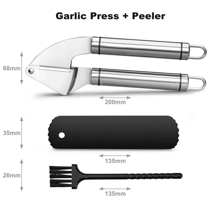 Presse-ail Acier Inoxydable | Kit avec Peeling en Silicone et Brosse Coupe Légumes