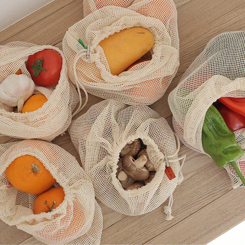 Sacs Filet en Coton Réutilisables - Lot de 5 Pièces Écologiques