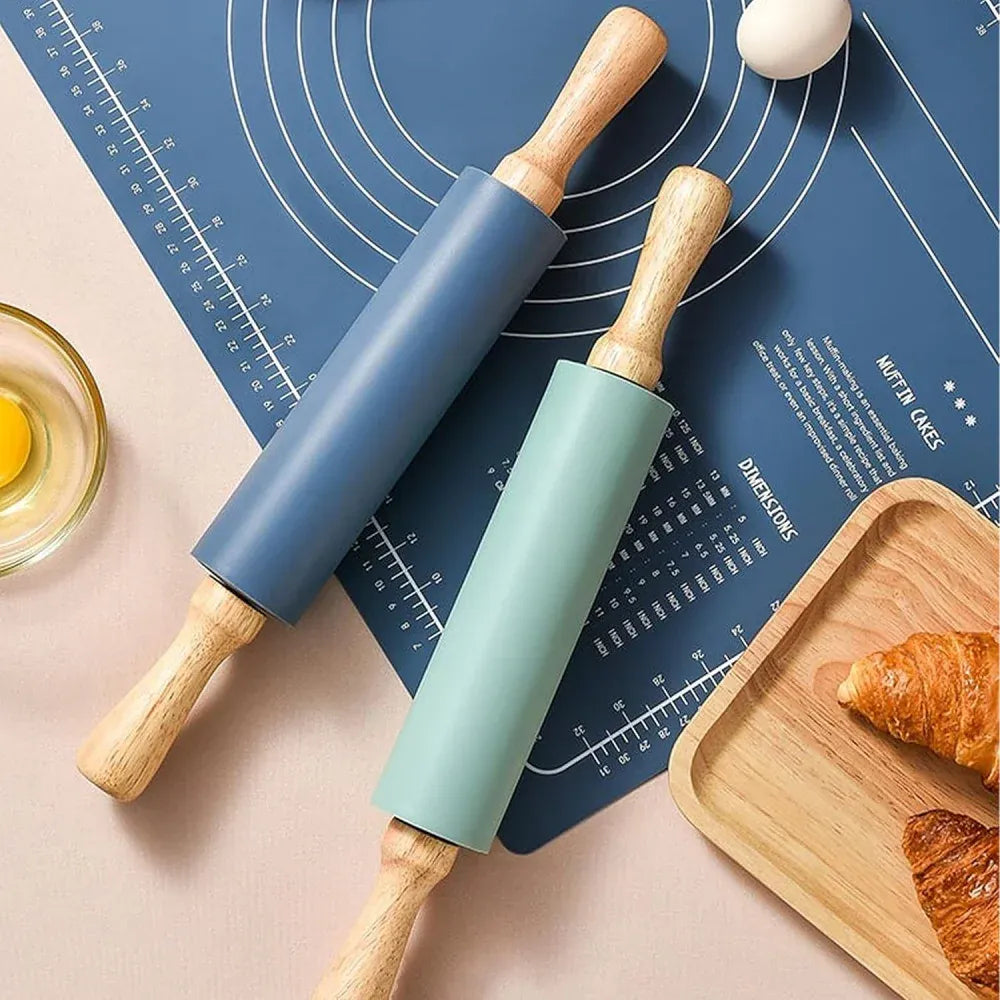 Rouleau à pâtisserie en silicone anti-adhésif avec poignées en bois rouleaupatisserie