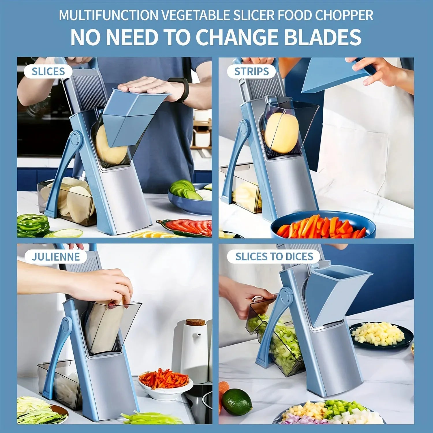 Mandoline Légumes Réglable 4 Modes — Tranches, Julienne, Dés, 0–8 mm Mandoline
