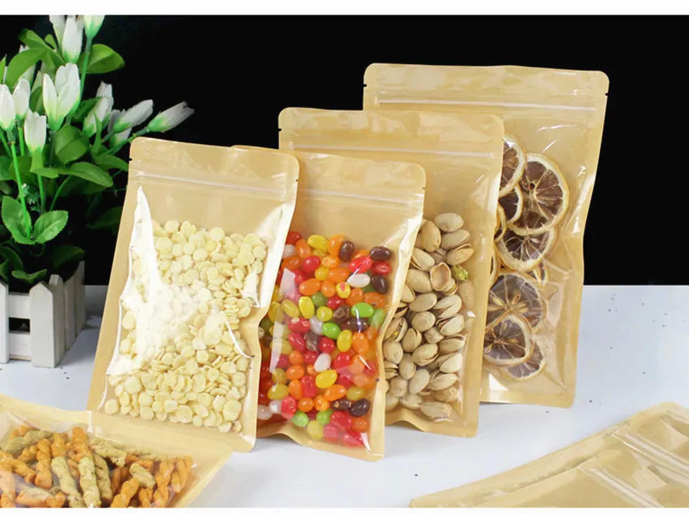 Sachets Kraft Transparent Fermeture Zip - Lot de 100 pièces