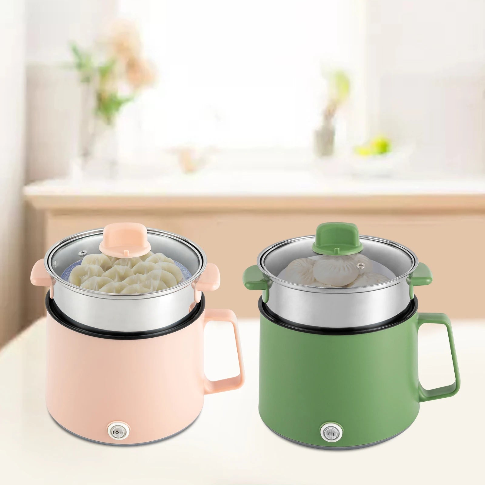 Mini cuiseurs électriques rose et vert avec étage vapeur inox