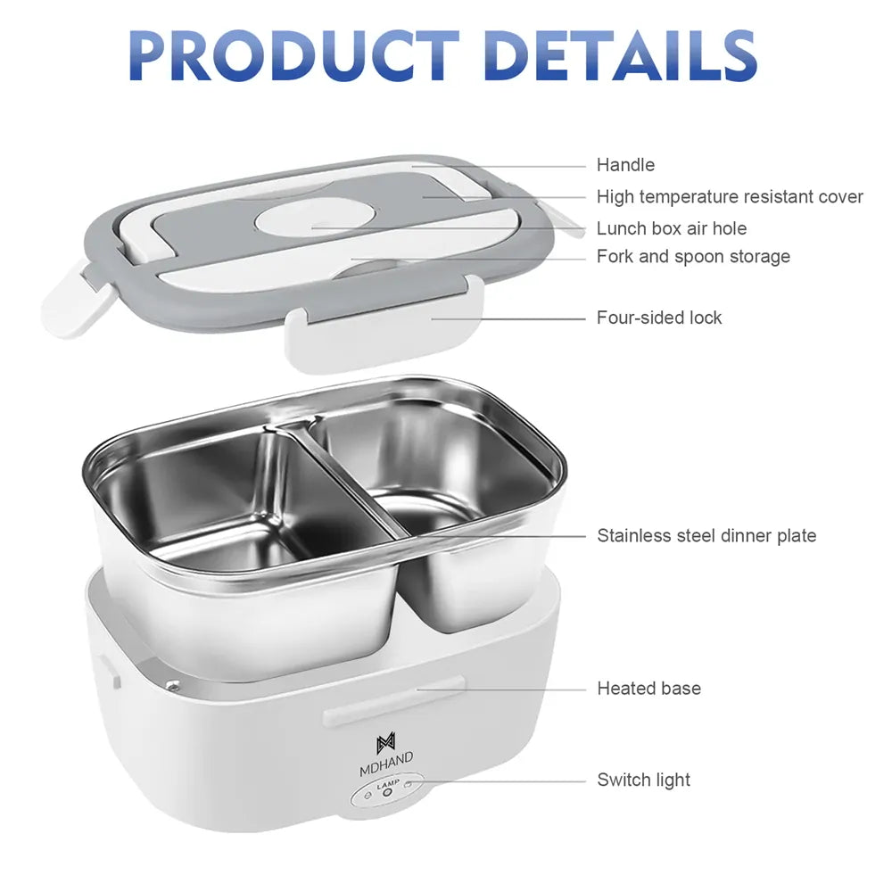 Lunch Box Chauffante Électrique 65 W — Cuve Inox 304 Amovible 1,5 L, 2 Compartiments, Voiture et Secteur lunchboxchauf