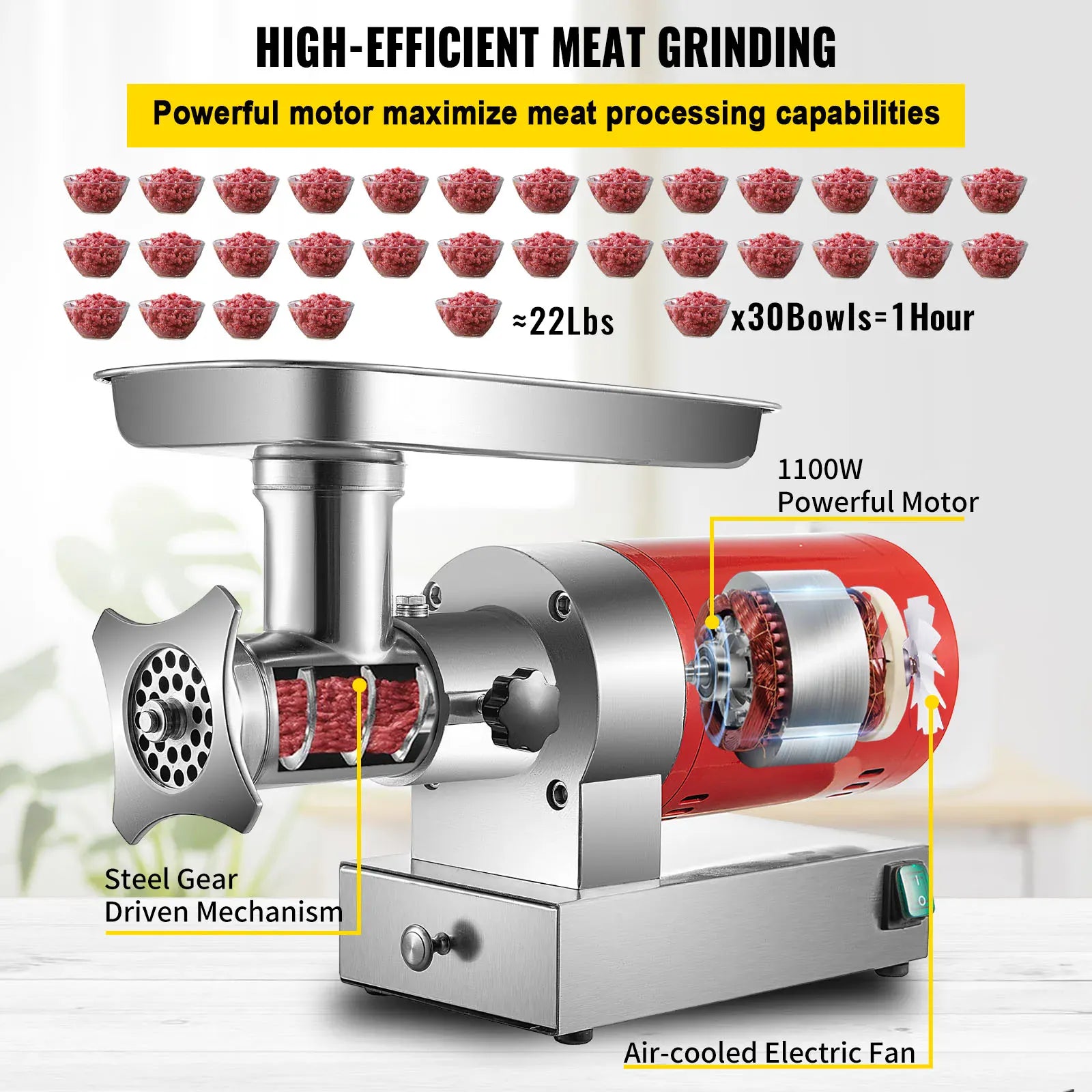Hachoir à Viande Électrique 1 100 W — 300 kg/h, 2 Plaques + Kit Saucisse Hachoirs à Viande
