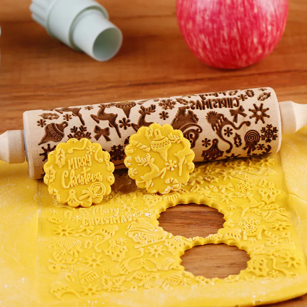 Rouleau à pâtisserie en bois avec motifs gravés de Noël - Outil de décoration pour biscuits rouleaupatisserie