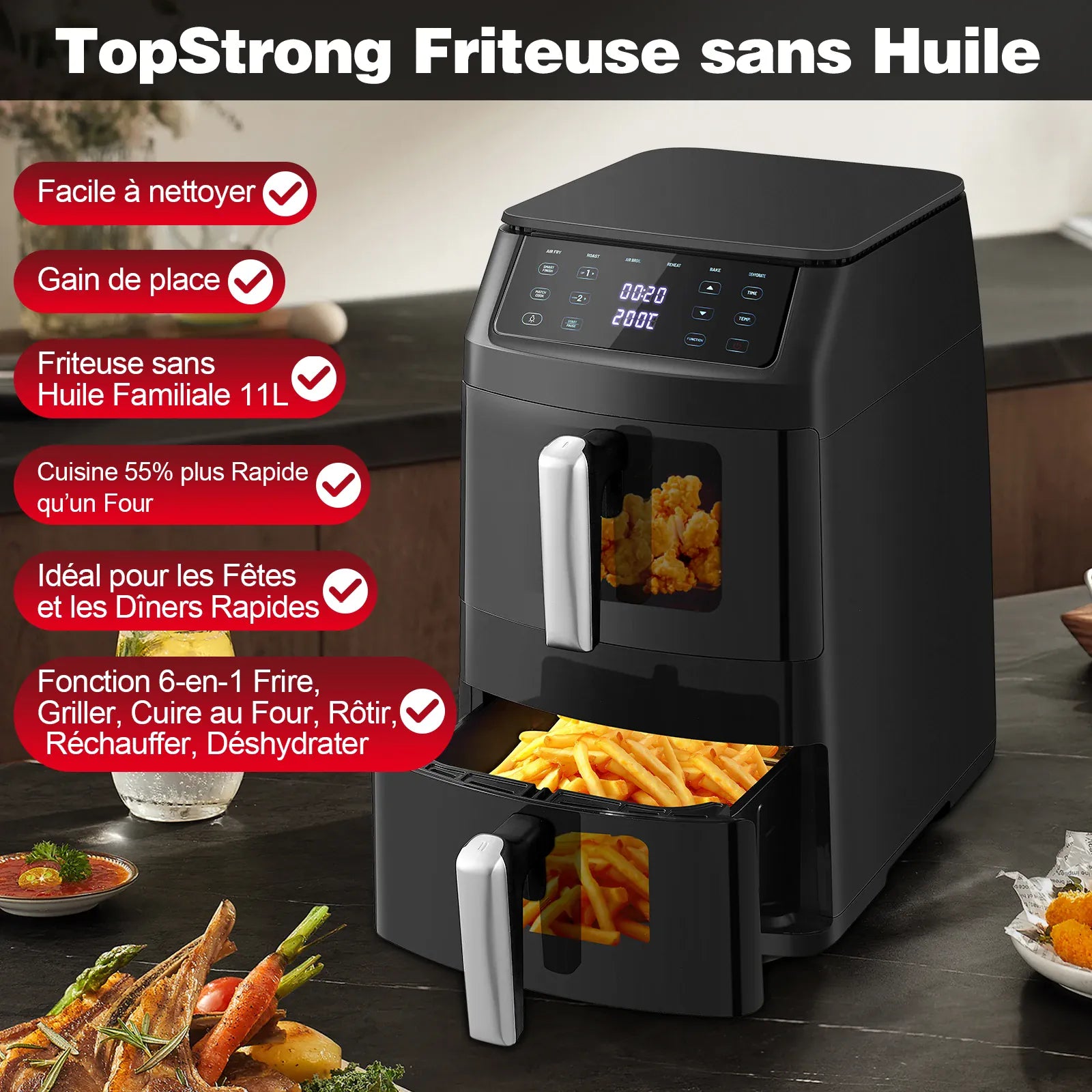 Friteuse Sans Huile Double Panier 11L 2500W 6 en 1 Écran Tactile airfryers
