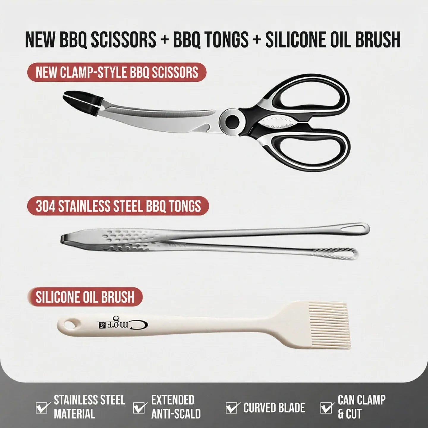 Ciseaux BBQ Multi-Fonctions Inox 304 avec Pince et Brosse Accessoire ciseaux