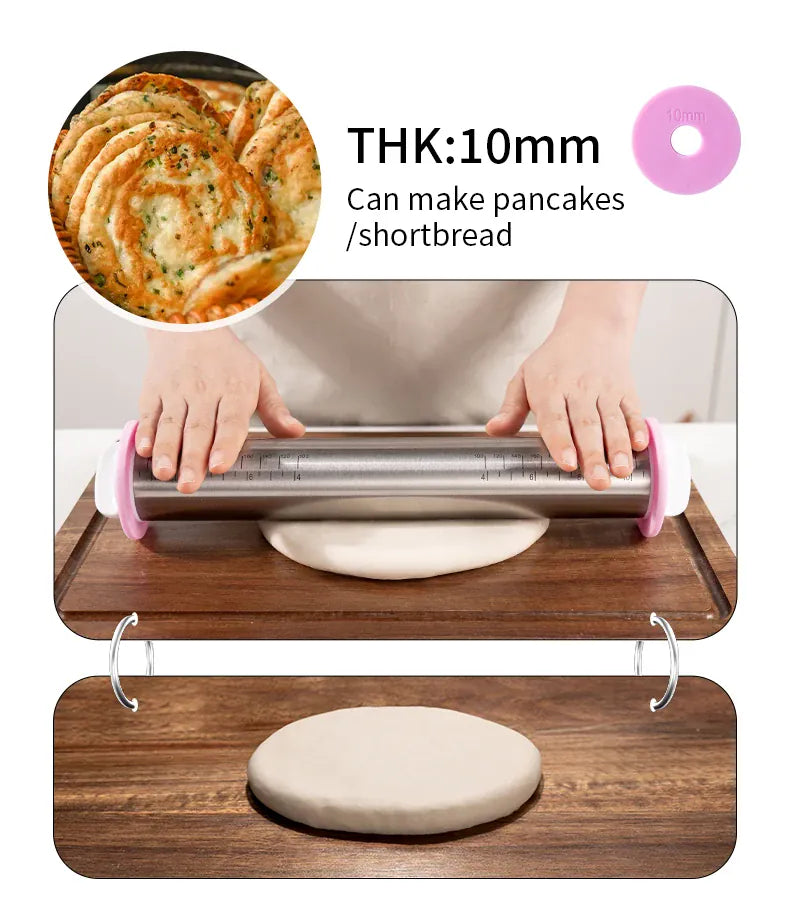 Rouleau à pâtisserie en acier inoxydable ajustable avec anneaux d'épaisseur amovibles rouleaupatisserie