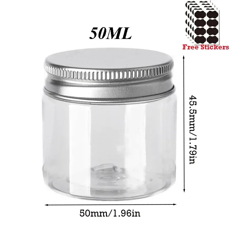 Lot de 50 Pots en Plastique PET Alimentaire 30–150 ml avec Couvercle Aluminium Vissé