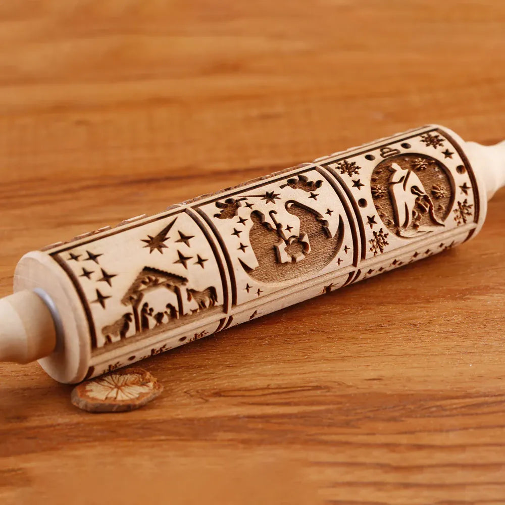 Rouleau à pâtisserie en bois avec motifs gravés de Noël - Outil de décoration pour biscuits rouleaupatisserie