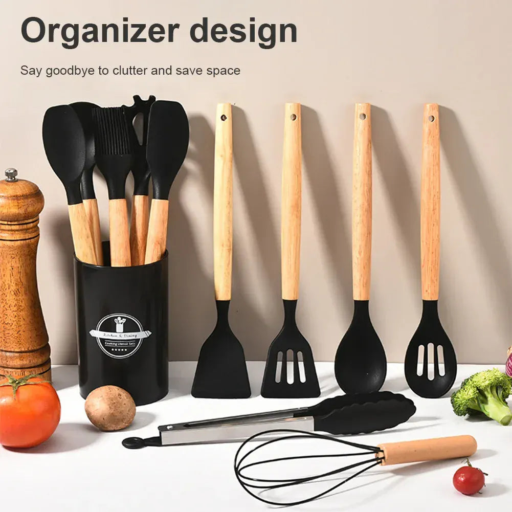 Set Ustensiles Silicone 12 Pièces | Résistant à la Chaleur avec Support spatule en silicone