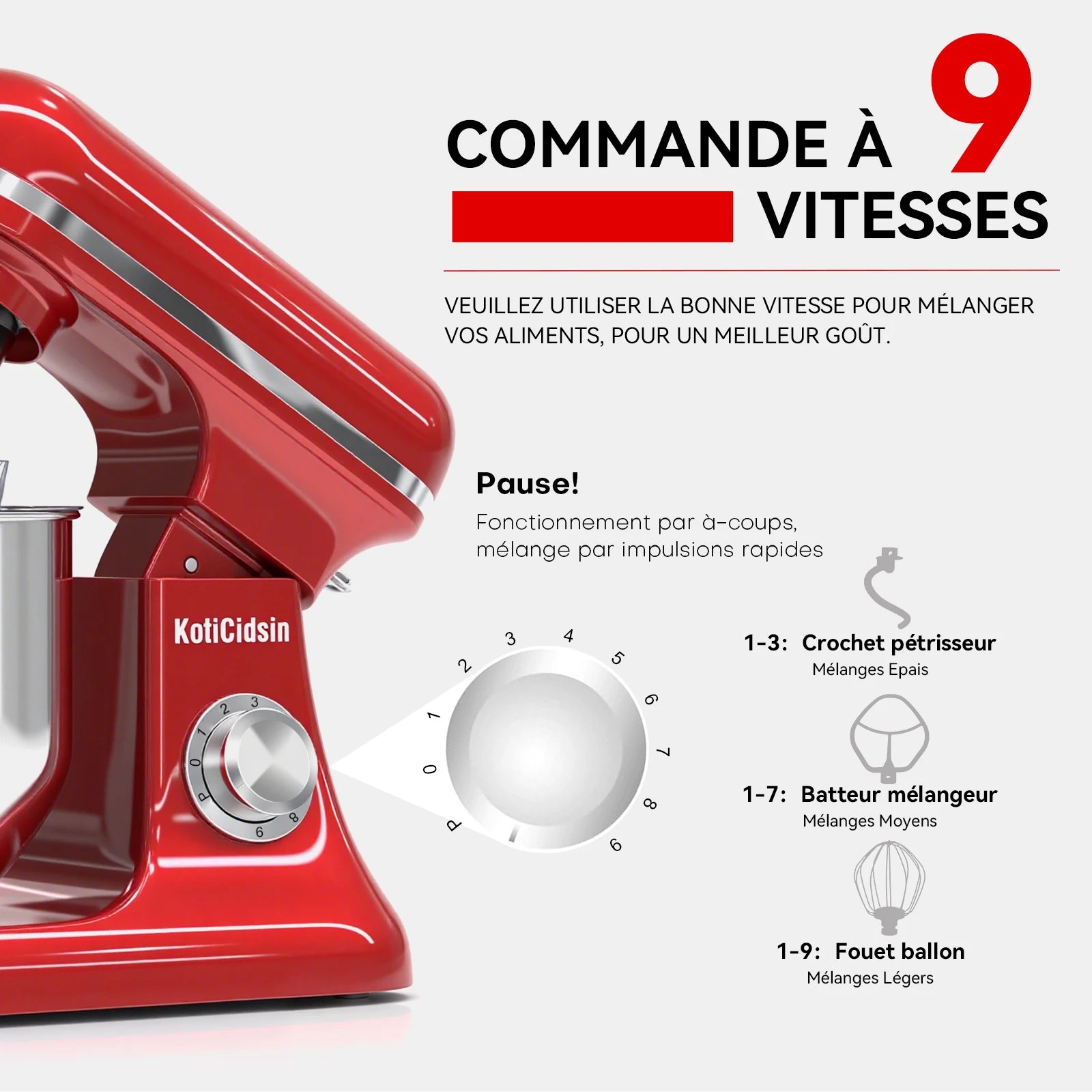 Molette 9 vitesses et fonction impulsion du robot pâtissier