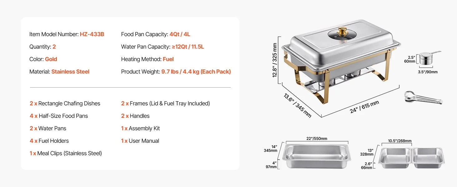 Contenu et dimensions du lot de 2 chafing dishes : 4 demi-bacs