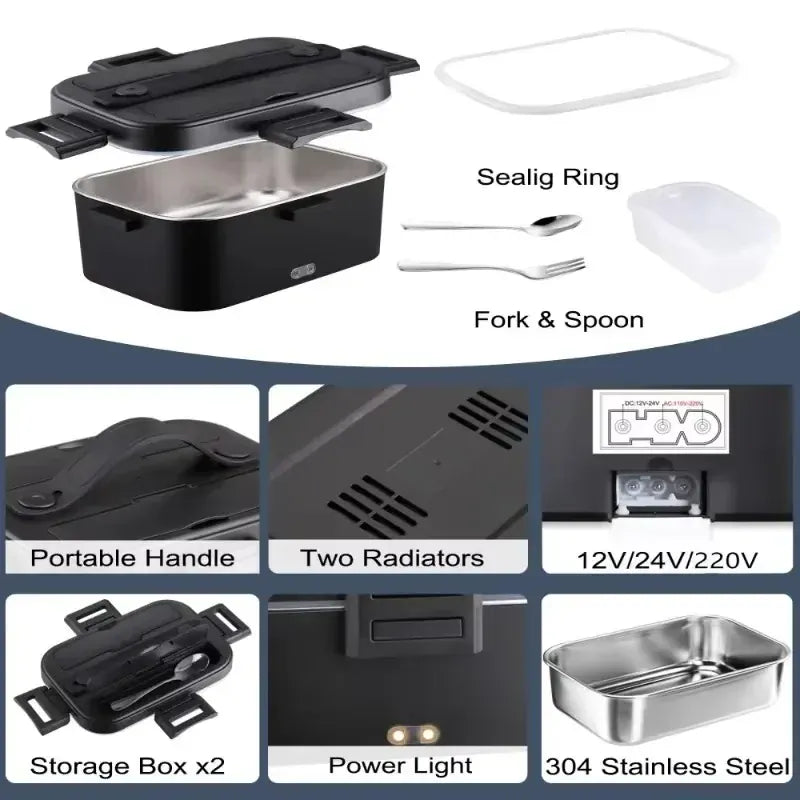 Lunch Box Chauffante Électrique 75 W — Cuve Inox 304 1,8 L — 12 V / 24 V / 220 V avec Sac Isotherme lunchboxchauf