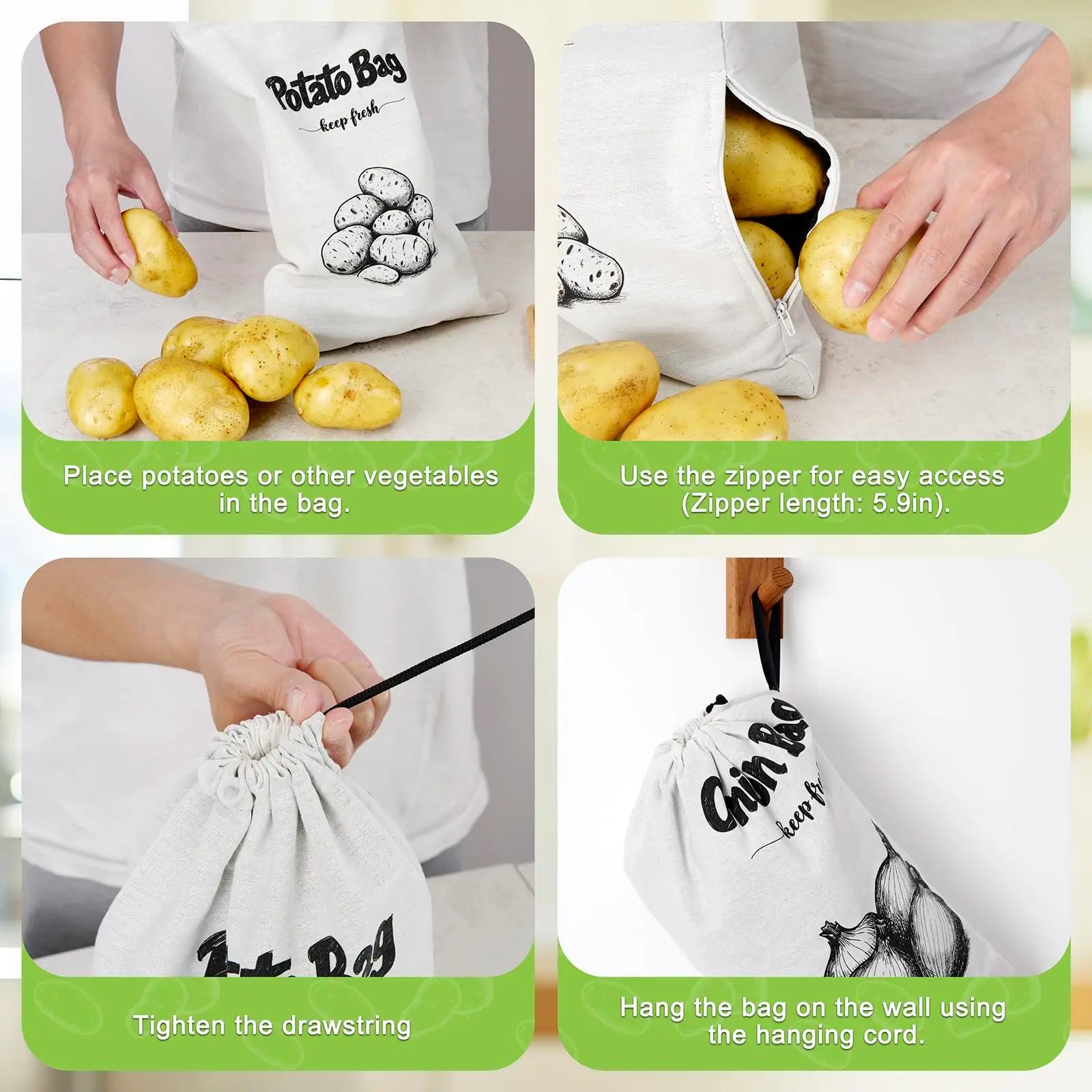 Sacs de conservation pommes de terre et oignons, lot de 2 réutilisables