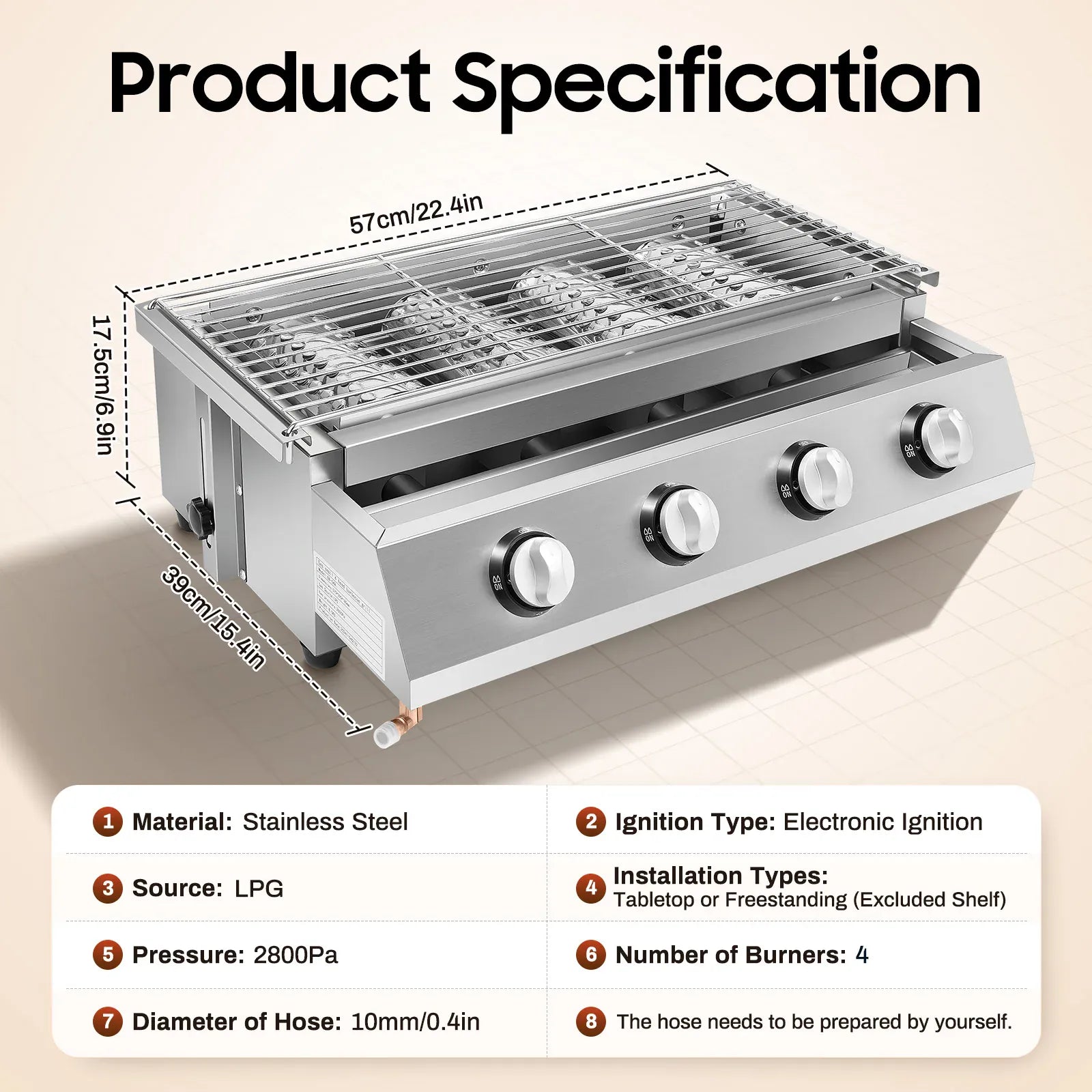 Plancha Gaz 4 Brûleurs Inox – Barbecue de Table Sans Fumée, Grille Amovible (GPL)