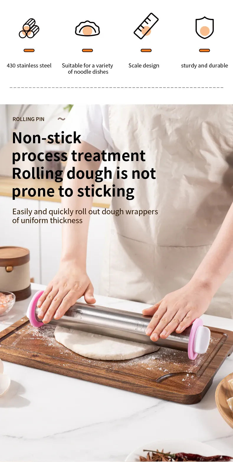 Rouleau à pâtisserie en acier inoxydable ajustable avec anneaux d'épaisseur amovibles rouleaupatisserie