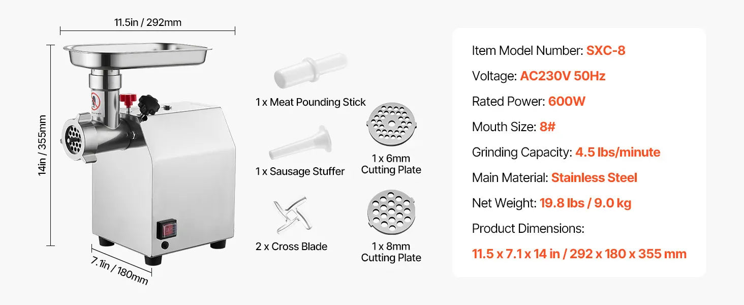 Hachoir à Viande Électrique Inox — 600W / 850W / 1100W avec Embout à Saucisses Hachoirs à Viande