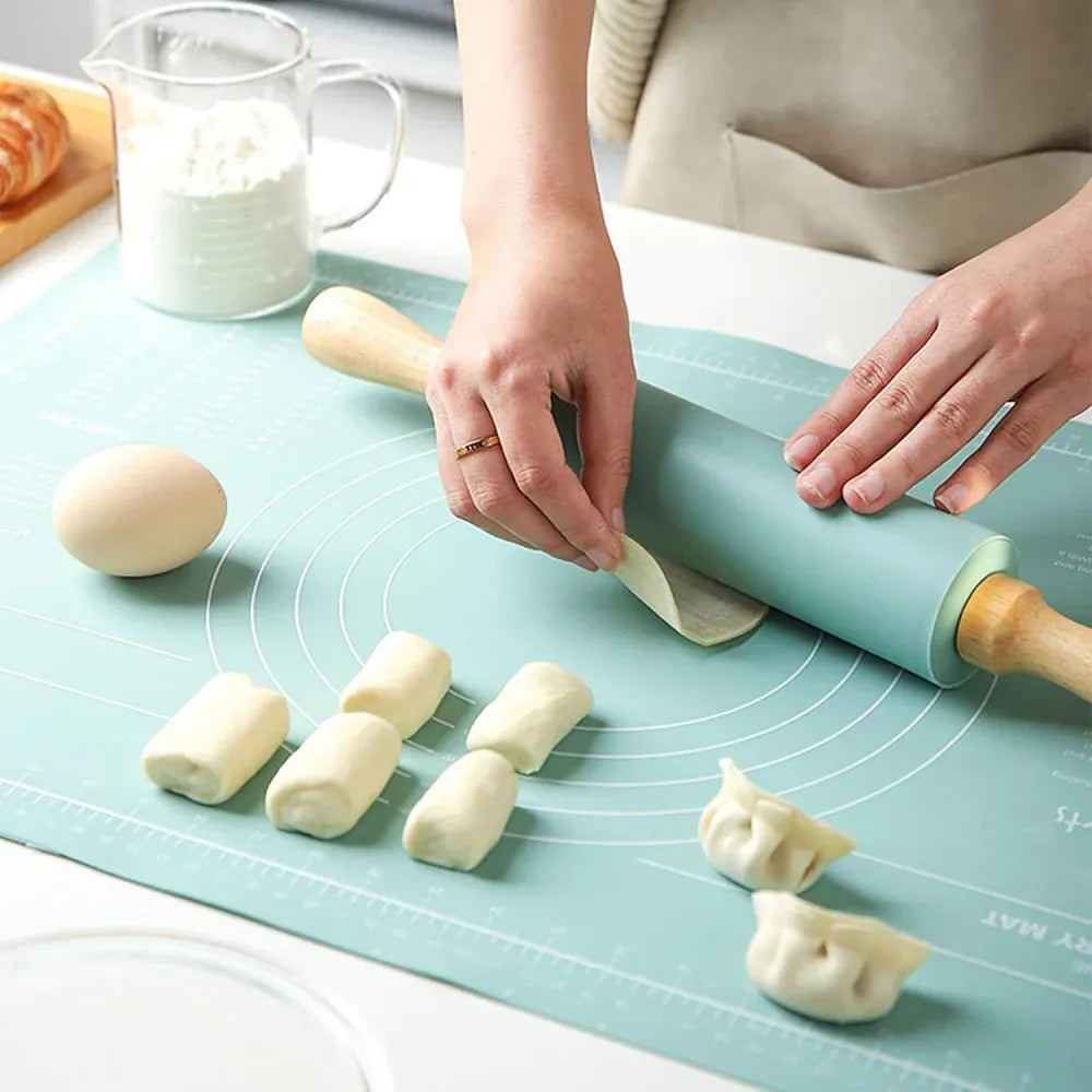 Rouleau à pâtisserie en silicone anti-adhésif avec poignées en bois rouleaupatisserie