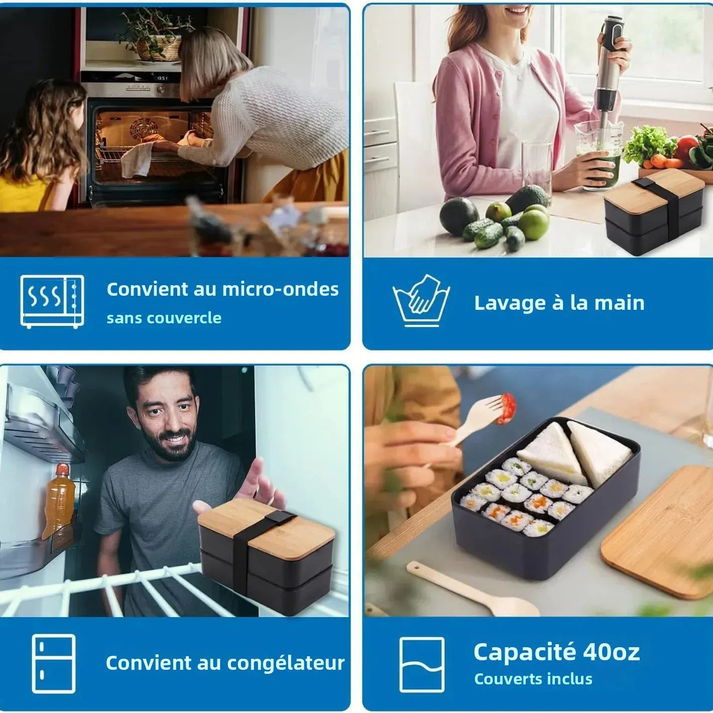Bento 2 Étages en Bambou et Plastique | Boîte de Rangement Alimentaire Bento
