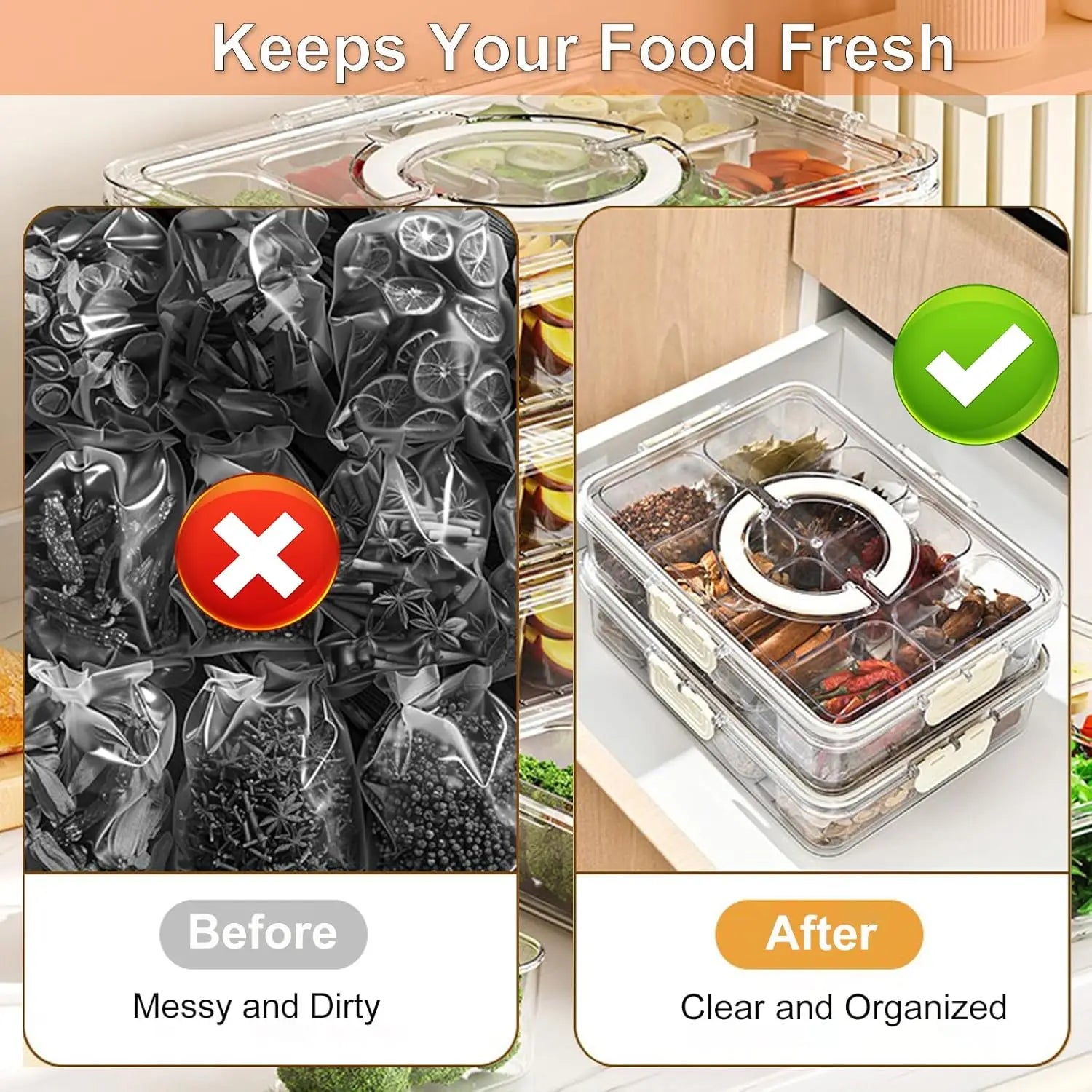 Plateau de Service Divisé avec Couvercle et Poignée | Rangement Frigo