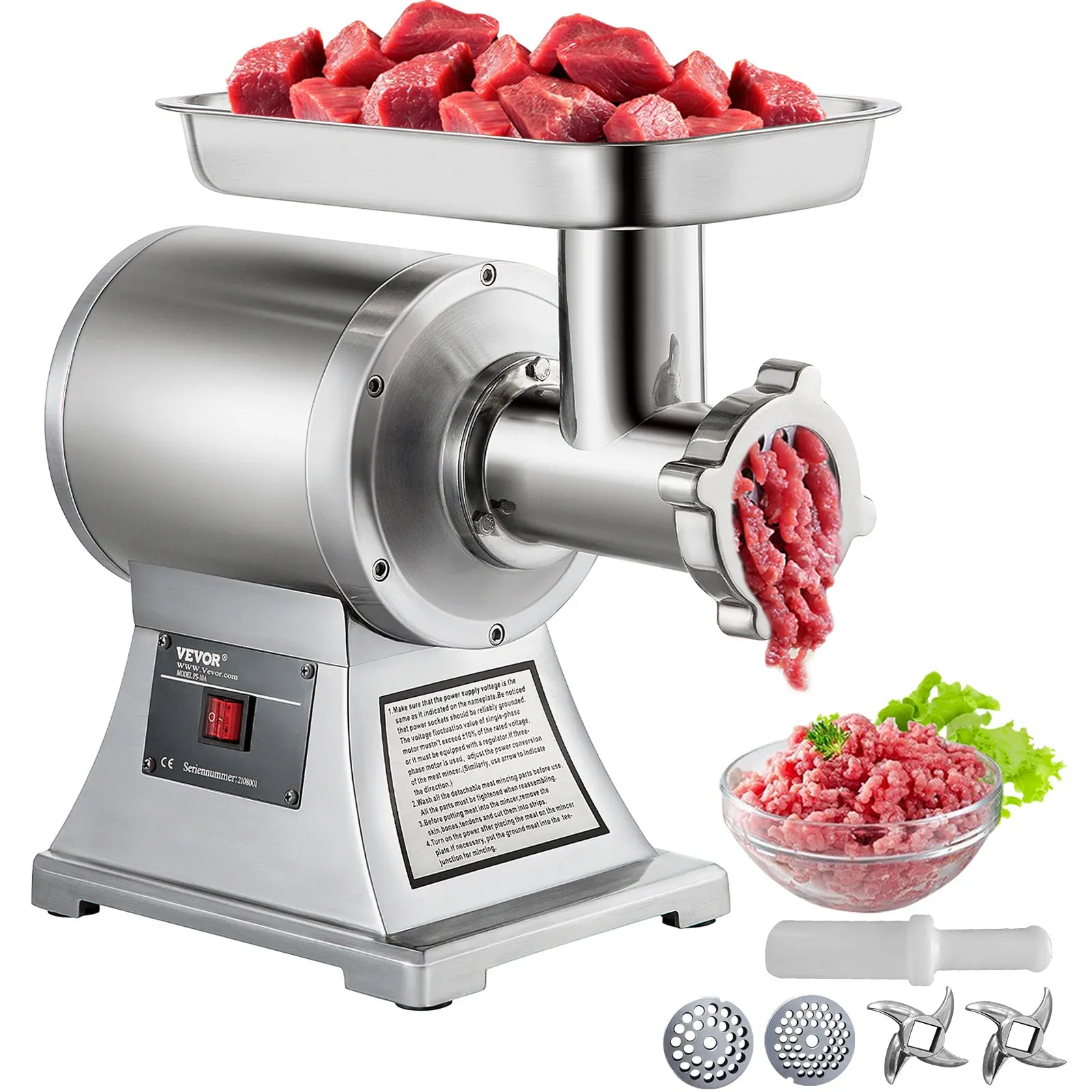Hachoir à Viande Électrique Professionnel 1 100 W — 250 kg/h — Acier Inoxydable Hachoirs à Viande