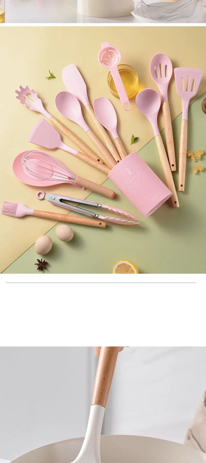 Set Ustensiles Silicone 12 Pieces avec Poignée en Bois - Cuisine spatule en silicone