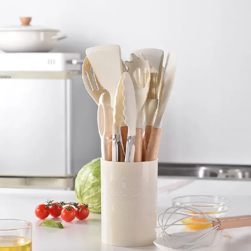 Set Ustensiles Silicone 12 Pieces avec Poignée en Bois - Cuisine spatule en silicone