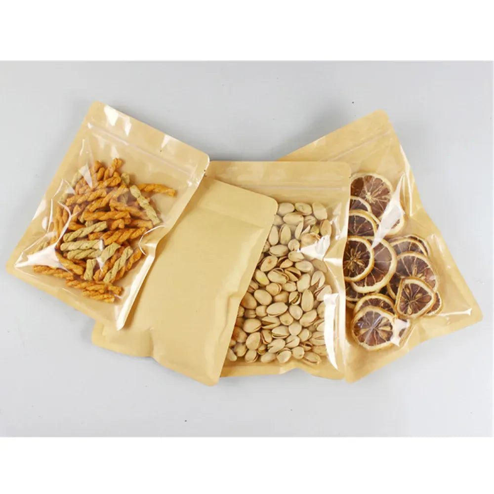 Sachets Kraft Transparent Fermeture Zip - Lot de 100 pièces