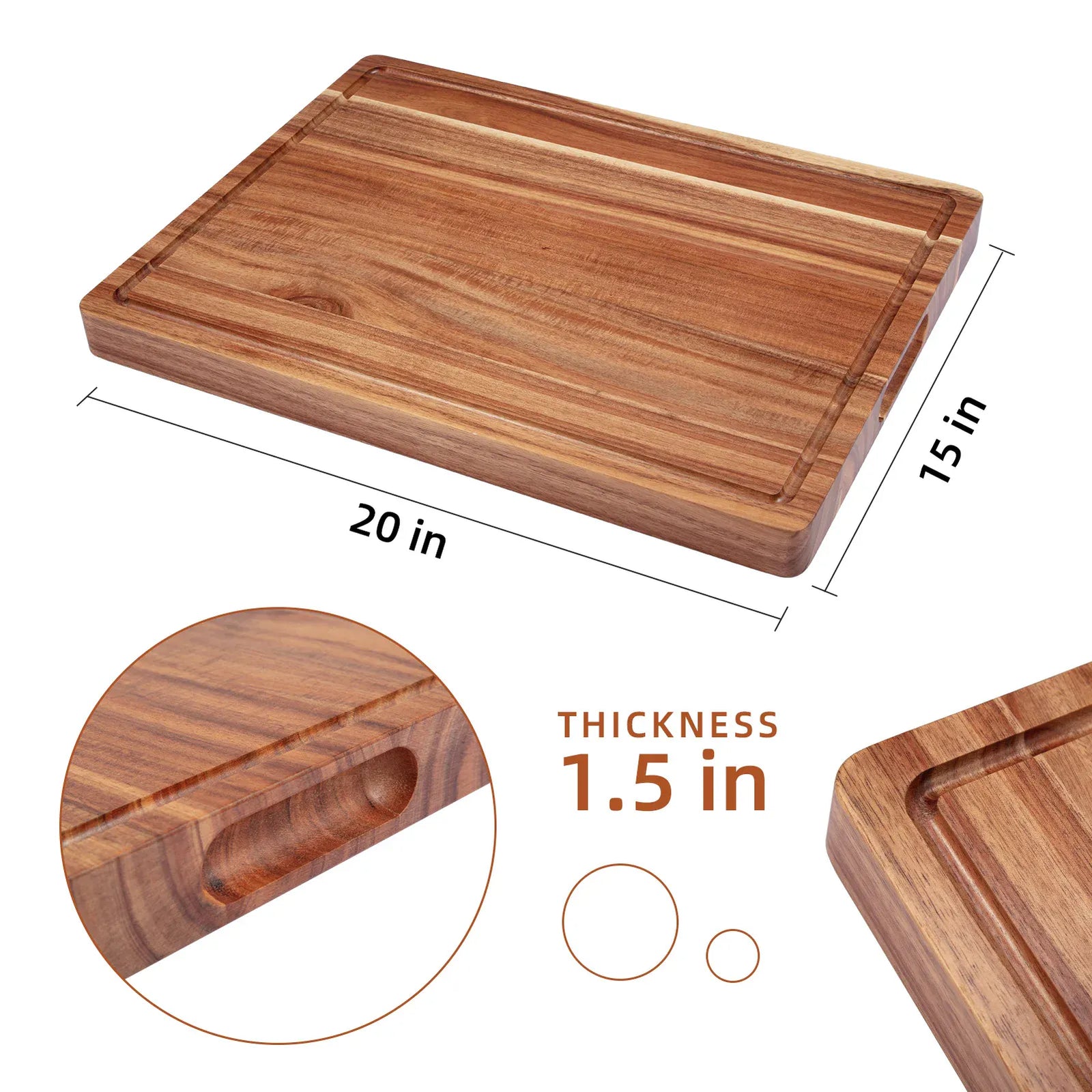 Planche à Découper en Bois d'Acacia Massif avec Rainures Jus et Poignées — 51×38 cm ou 61×46 cm planche a decouper en bois