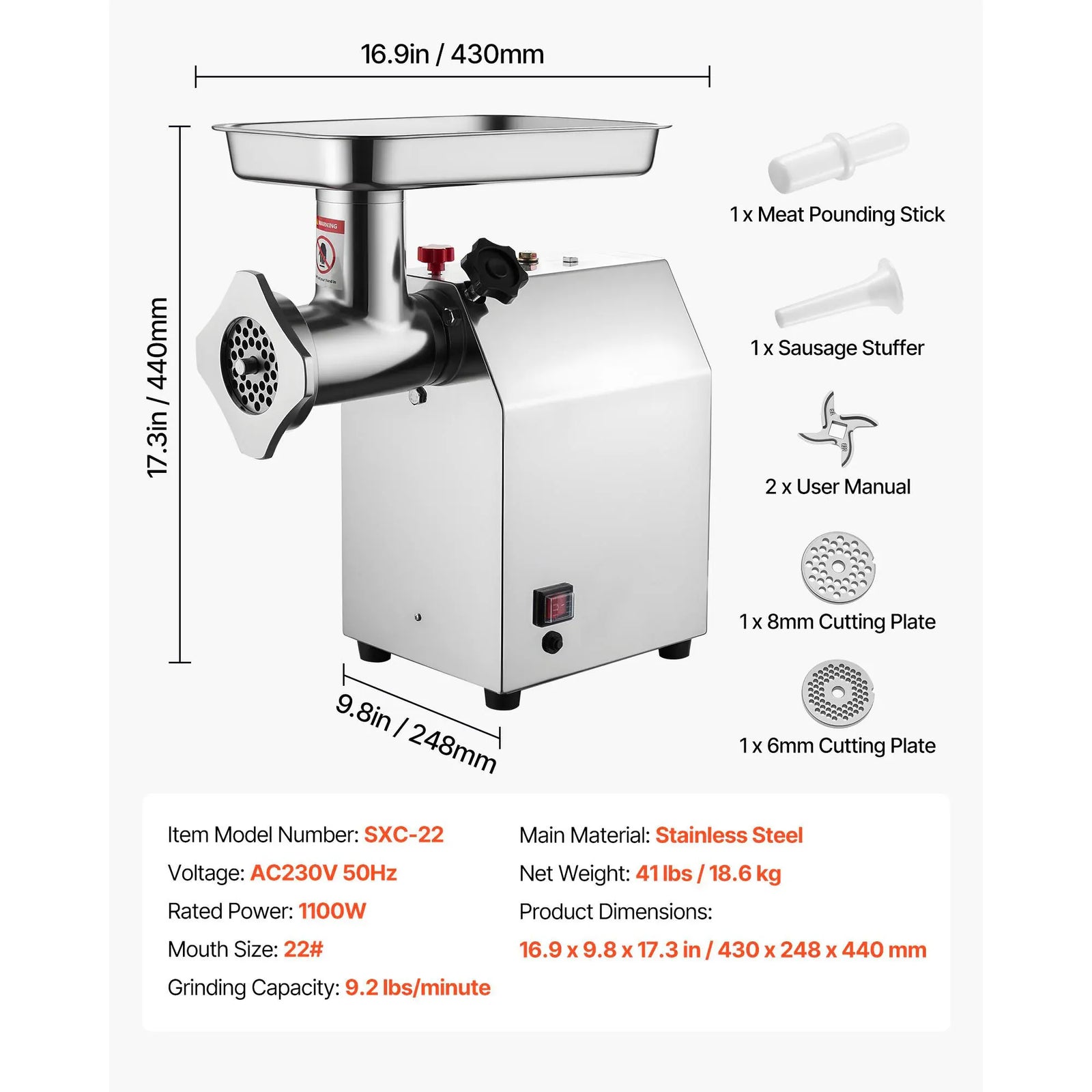 Hachoir à Viande Électrique Inox — 600W / 850W / 1100W avec Embout à Saucisses Hachoirs à Viande