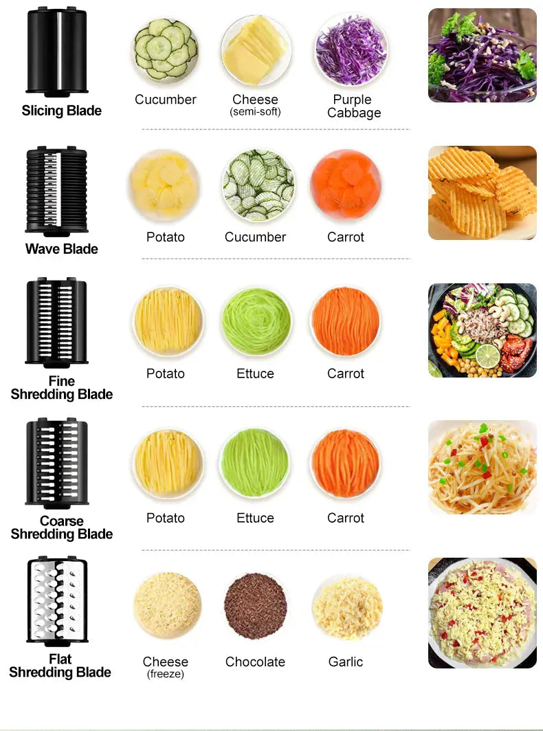Coupe-légumes électrique 5-en-1 avec râpe à fromage et multiples lames pour carottes pommes de terre et concombres Coupe Légumes