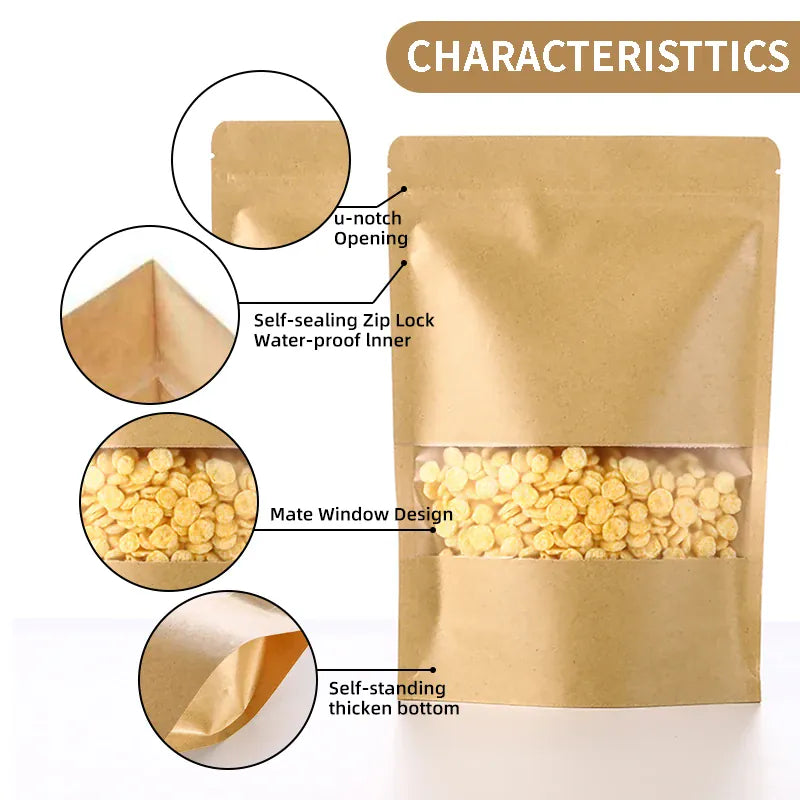 Sachets Kraft avec Fenêtre - Lot de 100 pièces Zippés 10x15cm