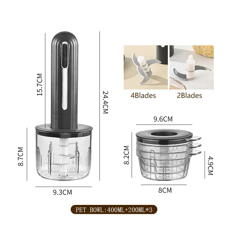 Hachoir Électrique Sans Fil 30 W USB — 1 Grand Bol 400 ml + 3 Petits Bols 200 ml hachoir electrique