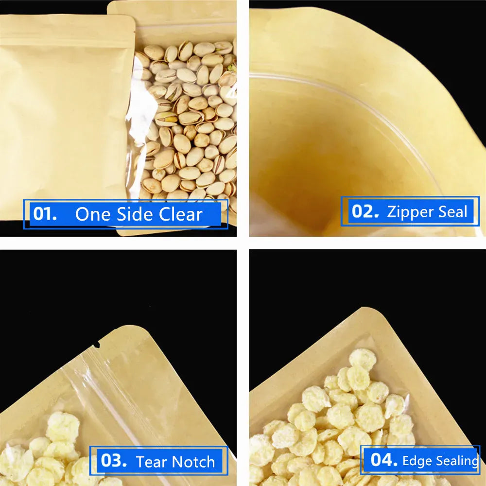 Sachets Kraft Transparent Fermeture Zip - Lot de 100 pièces