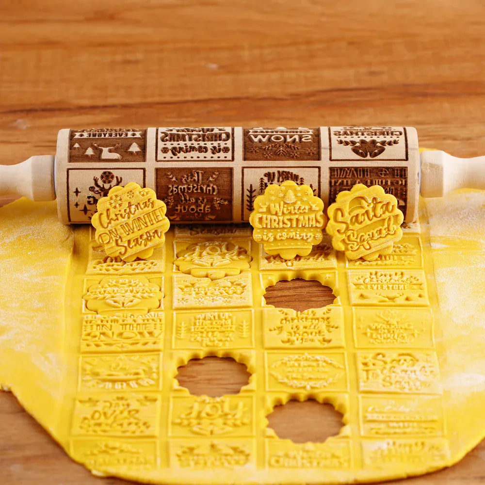 Rouleau à pâtisserie en bois avec motifs gravés de Noël - Outil de décoration pour biscuits rouleaupatisserie