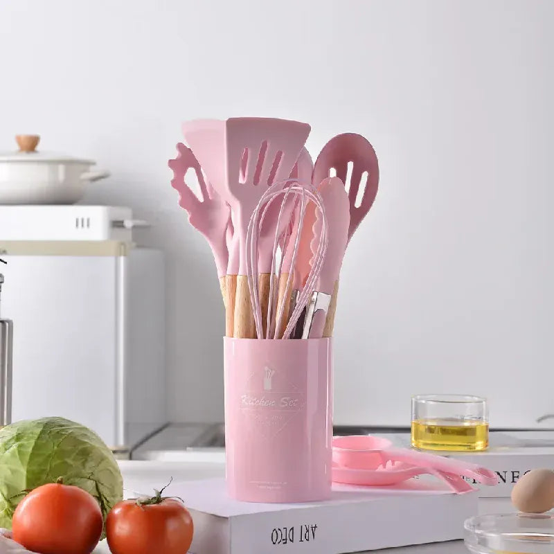 Set Ustensiles Silicone 12 Pieces avec Poignée en Bois - Cuisine spatule en silicone