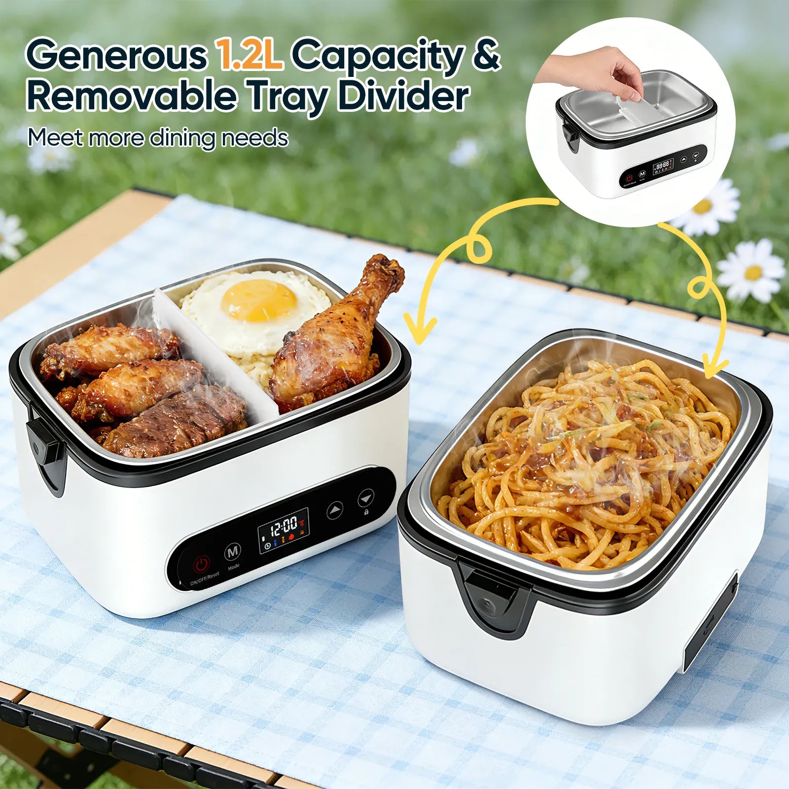 Lunch Box Chauffante Sans Fil 100W — Batterie 12000mAh, 1,2L Inox, 4 Modes, Minuterie 12h lunchboxchauf