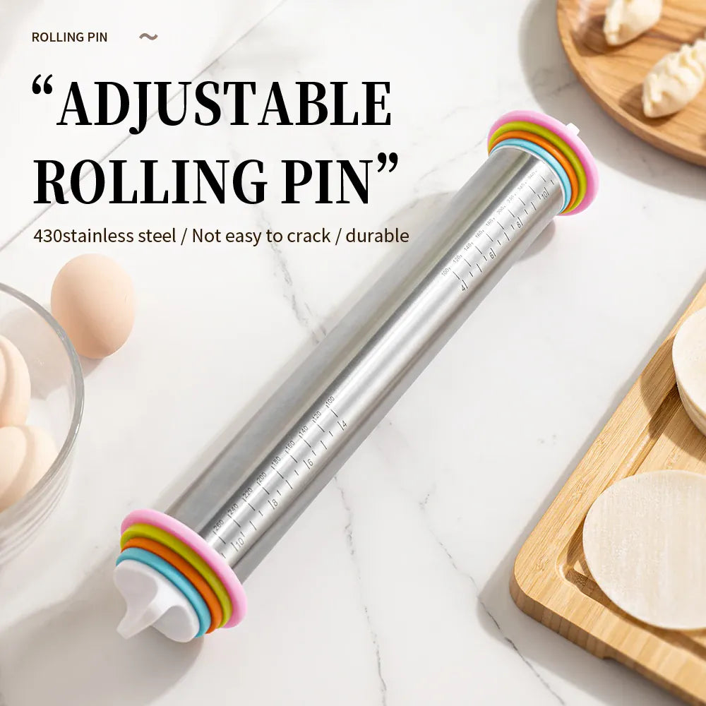 Rouleau à pâtisserie en acier inoxydable ajustable avec anneaux d'épaisseur amovibles rouleaupatisserie