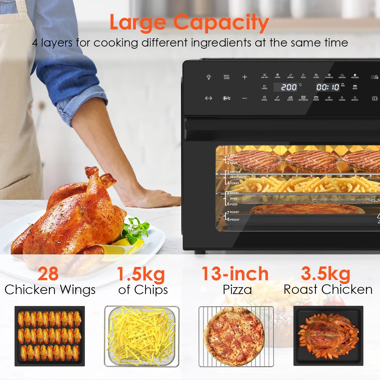 Four air fryer 30 L ouvert avec plusieurs plats en cuisson